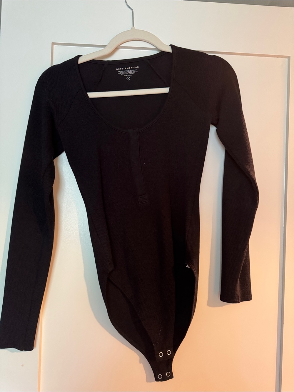 Good American Black Long-Sleeve Henley Bodysuit
